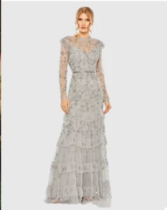 MAC DUGGAL 9237 FLORAL EMBELLISHED FLUTTER CAP LONG SLEEVE PLATINUM GOWN  sz 4 - Picture 1 of 4