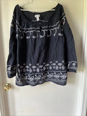 Caribbean Joe Peasant Blouse Embroidered Bardot Neckline Navy Blue White 2XLarge - Image 1 of 4