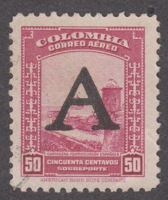 Colombia 1950. Correo aéreo. 50 c. Fortificación Española Cartagena. OP "A" Sc# C192 Foto 1 de 1