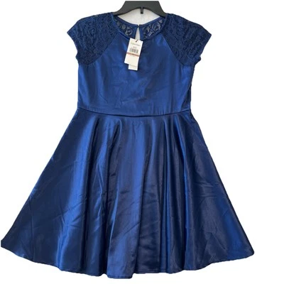 Calvin Klein Girls 12 Lace and Satin Party Short Sleeve Dress Dark Blue msrp $90 - Image 1 of 4