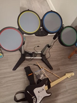 Playstation 3 PS2 PS3 Rock Band Set Wired Drums BUNDLE Guitar + Dongle + Mic - Image 1 of 4