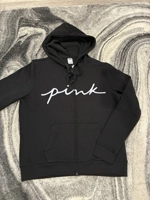 New Victoria’s Secret Pink Full Zip Hoodie Black (L) Drawstring Logo NWT - Image 1 of 3