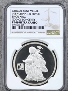 NGC PF69 1987 China Dios de la Longevidad Medalla de Plata 1oz Shou Xing-Shenyang Como Nueva - Imagen 1 de 2