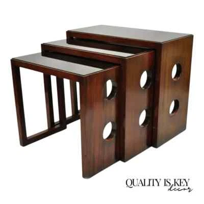 James Mont Mid Century Modern Mahogany & Glass Top Art Deco Nesting Side Tables - Image 1 of 4