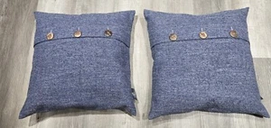 Farmhouse Boho Throw Pillow Denim Type Covers Brown Wooden Buttons 18"X18" EUC - Picture 1 of 6