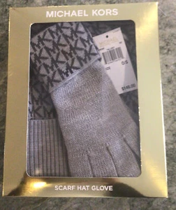 MICHAEL KORS 3-Piece Set Knit Scarf, Hat & Glove Heather Gray "MK" Logo $148 NIB - Picture 1 of 2