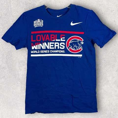 Chicago Cubs Shirt Womens Small Blue Red Nike Athletic Cut World Series Champs Cover