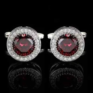 2.20CT Round Lab Created Garnet Diamond Halo Men Cufflink 14K White Gold Plated - Picture 1 of 5