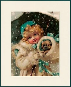 PUG & LITTLE GIRL IN SNOW LOVELY DOG PRINT MOUNTED READY TO FRAME - Picture 1 of 1