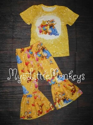 NEW Boutique Winnie the Pooh Bleached Shirt Girls Bell Bottom Outfit Set - Изображение 1 из 4