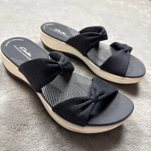 Clarks Cloudsteppers Wedge Sandals Women’s 8.5M Black Blue Double Strap Slip-On - Picture 1 of 10