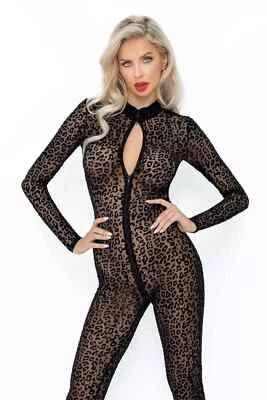 Traje de gato transparente de cuerpo completo de leopardo con cremallera Foto 1 de 4
