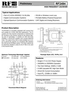 RF2494 2400 - 2500 MHz LOW NOISE AMPLIFIER MIXER DOWNCONVERTER RFMD QORVO  - Picture 1 of 2
