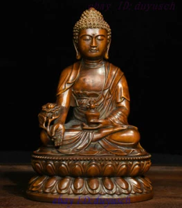 7" Old Tibet Boxwood Wood Carved medical Menla Medicine Sakyamuni Buddha Statue - Picture 1 of 12