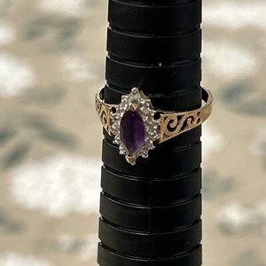10K Amethyst and Diamond Illusion Cocktail Ring, Marquise, Vintage, Yellow Gold - Picture 1 of 8