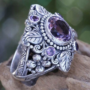 R166 Women White Gold Plated Fashion Jewelry Simulated Amethyst Cocktail Ring - Picture 1 of 3