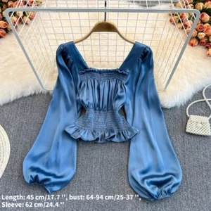 Mujeres Camisas de satén imitación seda Prendas para el torso Peplum Plisado Volantes Blusa Pullover - Imagen 1 de 9