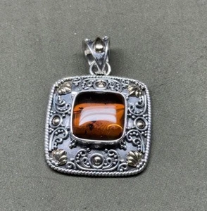 BA 925 & 18K Indonesia Amber Chunky Pendant 2in - - Picture 1 of 4