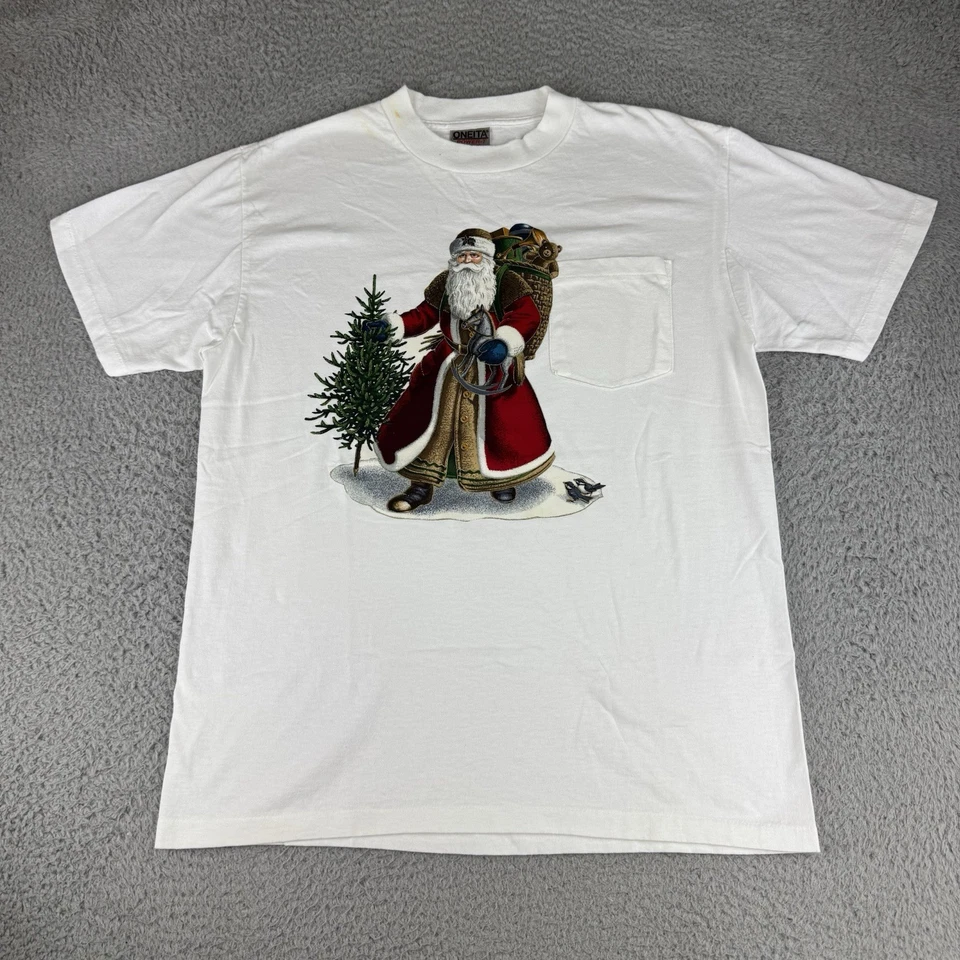 Camiseta vintage Oneita mediana talla blanca puntada única Navidad Santa Foto 1 de 4