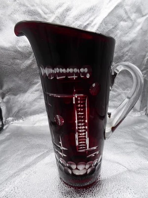 Böhmischer Kristall Krug Kanne ÜBERFANG SCHLIFF RUBIN ROT TSCHECHIEN ART DECO - Bild 1 von 4