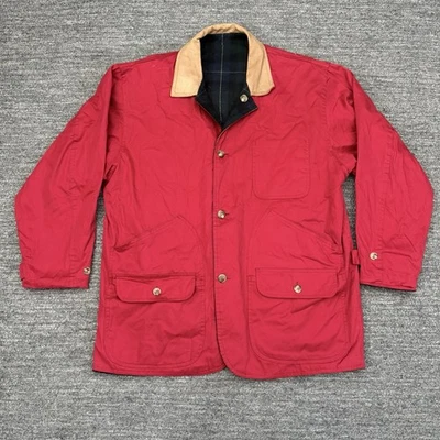 Abrigo Vintage Tareas Chaqueta de Granero Hombres M Reversible Rojo Cuadros Cuero Cuello Abrigo Foto 1 de 4