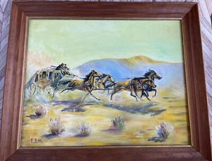 Pintura Original Firmada Abstracto Western Stagecoach Horse Team De Colección 1969 16x20 - Imagen 1 de 12