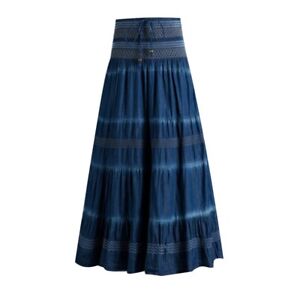 Women Denim Skirt Dress A-line Ethnic Pleated Elastic Waist Drawstring Retro
