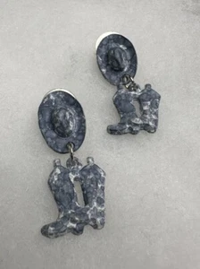 Vintage Blue Metal Acid Wash Cowboy Hat Boots Pierced Dangle Earrings - Picture 1 of 8