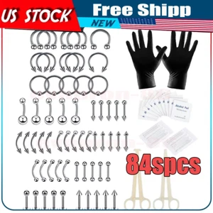 84 Teile Profi Piercing Set Edelstahl Bauchnabel Augenbrauen Nase Nadeln Set - Bild 1 von 11