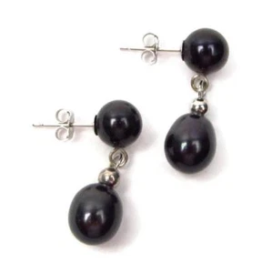 Pendientes colgantes de poste genuinos AAA de perlas negras en oro blanco de 14 K - Imagen 1 de 1