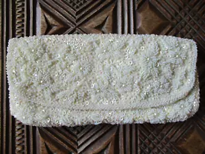 EMPIRE - VINTAGE IVORY FULLY BEADED AND SEQUINNED OCCASION CLUTCH BAG + MIRROR - Picture 1 of 11