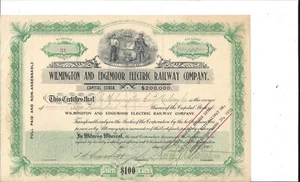 WILMINGTON AND EDGEMOOR ELECTRIC RAILWAY COMPANY....1910 STOCK CERTIFICATE - Picture 1 of 1