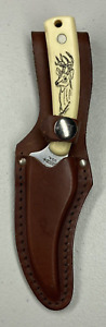 Vintage Schrade Scrimshaw Deer Head USA Fixed Blade Knife & Brown Leather Sheath
