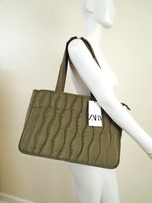 ZARA Green Quilted Lightweight Water Resistant Zip Medium Shopper Tote Bag - Image 1 of 4