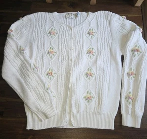 Vintage Susan Bristol handbestickte Blumen Strickjacke Pullover Zopfmuster Gr-S - Bild 1 von 8