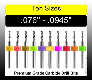 Drill Bit Set -10 Sizes From 2mm to 2.4mm .076 to .0945" Carbide 1/8 Shanks C3 - Picture 1 of 4
