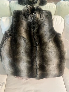 WOODLAND BROWN BLACK CREAM FAUX FUR SWEATER VEST WOMEN’S LARGE CASHMERE BLEND - Picture 1 of 7