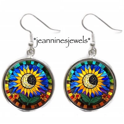 PENDIENTES Girasol Luna Media Luna Imitación Vitral Estampado Plata Dije Cuelga Foto 1 de 4