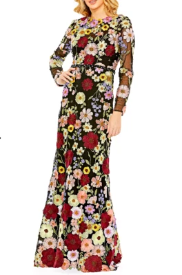 $798 Mac Duggal Size 10 Gown Black Floral Embroidered Appliqué Maxi Long Dress - Image 1 of 4