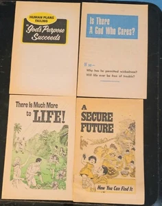 4 Brochures Jehovahs Witness "God's Purpose Succeeds", "Secure Future" 1975 Etc - Imagen 1 de 2