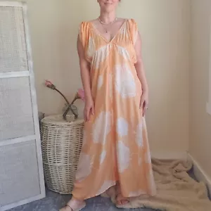 Vintage 90s Silk Kaftan Maxi Dress S-M Cover-Up Resort Pockets Floral Beach - Picture 1 of 19