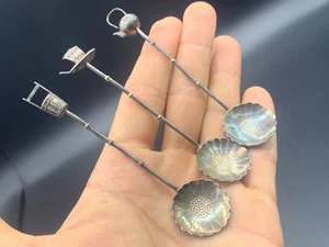 VTG Japanese .950 Sterling Silver Sandal Coffee Tea Salt Spoon Bamboo Straws x3 - Picture 1 of 8