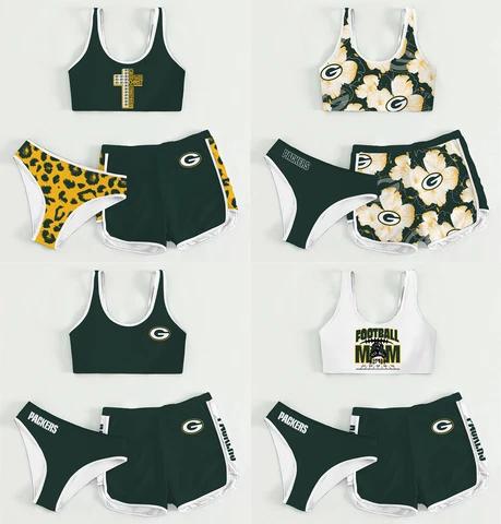 Green Bay Packers 3PCS Sports Yoga Suit Cotton Crop Tops Swim Shorts Panties Set Cover