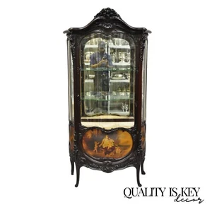 French Louis XV Mahogany Hand Painted Curved Glass Vernis Martin Curio Cabinet - Picture 1 of 12