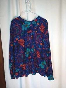 Liz Claiborne Vintage Floral Silk Blouse Top Size 14 XL Jewel Tone Artsy Bloom - Picture 1 of 14
