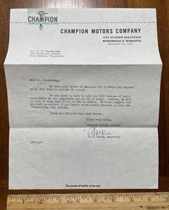 Vintage 1947 letterhead Champion Motors Co outboard motor boat Minneapolis MN - Picture 1 of 1