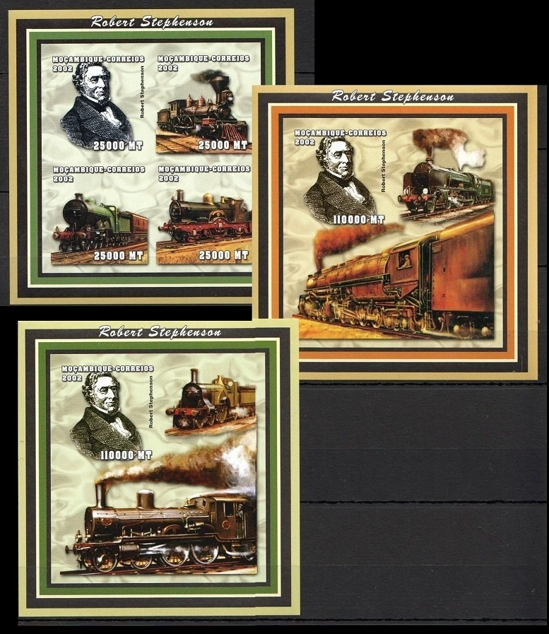 Mozambique 2002 MNH Imperf 3 SS Set, Stephenson Railways Train Steam Locomotives - Image 1 of 1