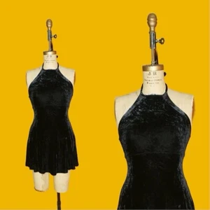 1990s BETSEY JOHNSON Black CRUSHED Velvet Halter Top Skater Mini Dress. Small - Picture 1 of 10