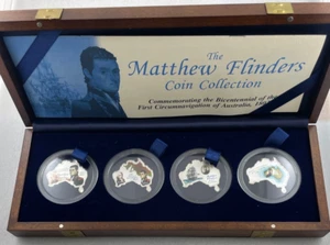 2002 Matthew Flinders Explorer 4x 1oz Map Shaped Coloured Coin Collection - Imagen 1 de 6