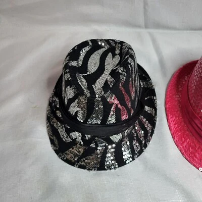Set Of 2 Sequin Decor Fedoras One Size Pink & Black Polyester Party Hats - Image 1 of 4